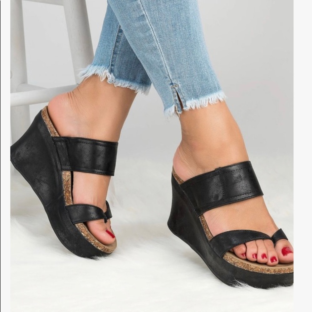 Black Wedge Slide Sandals for Women